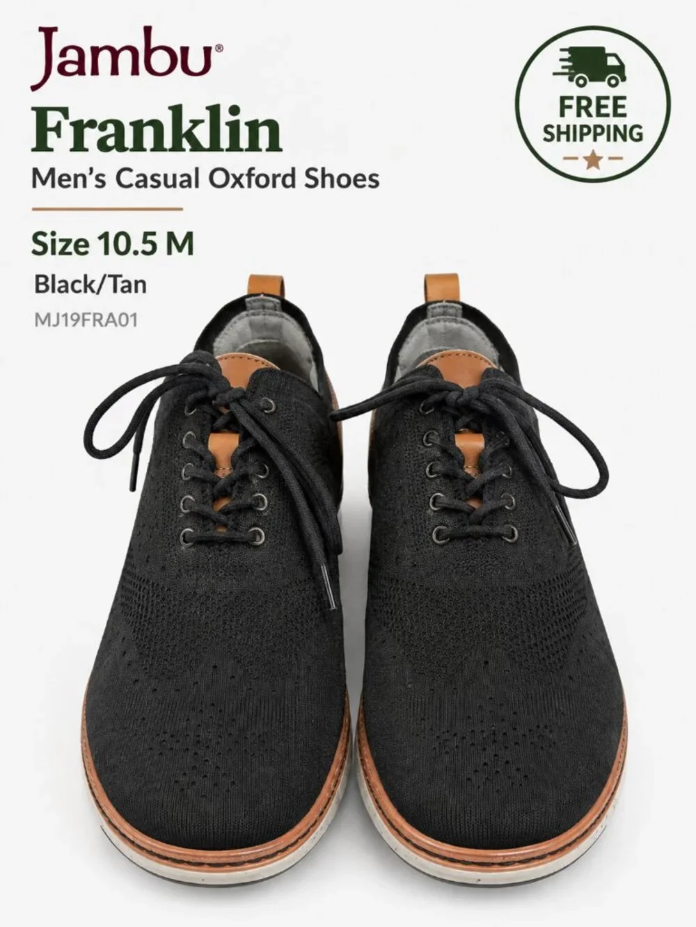 Jambu Franklin MJ19FRA01 Men's 10.5M Black Tan Knit Leather Oxford Shoes